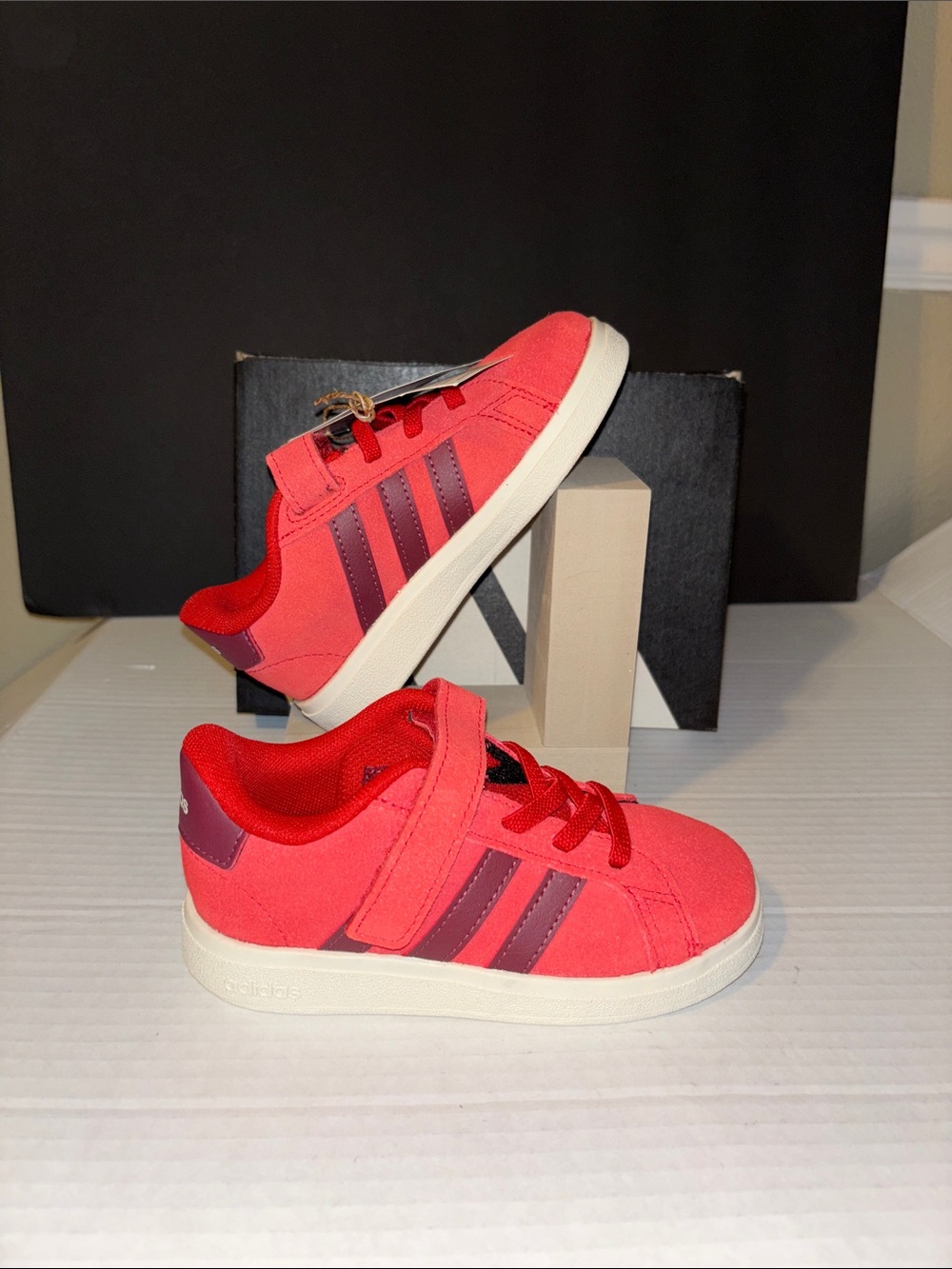 adidas Kids Pink-Red Sneakers with Purple Stripes